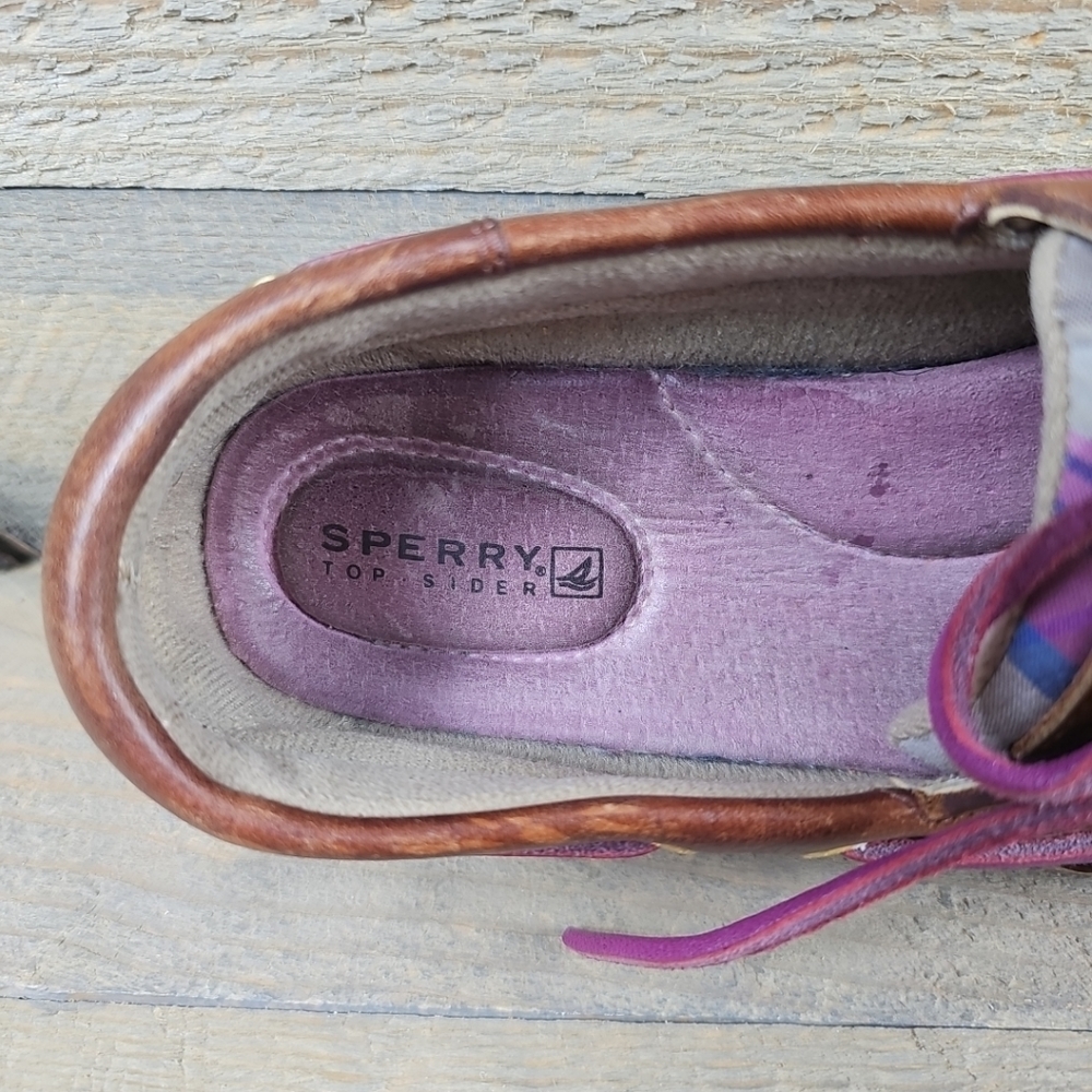 Sperry Topsider Brown Leather purple plaid Women's Boat Deck Shoes - Picture 14 of 14